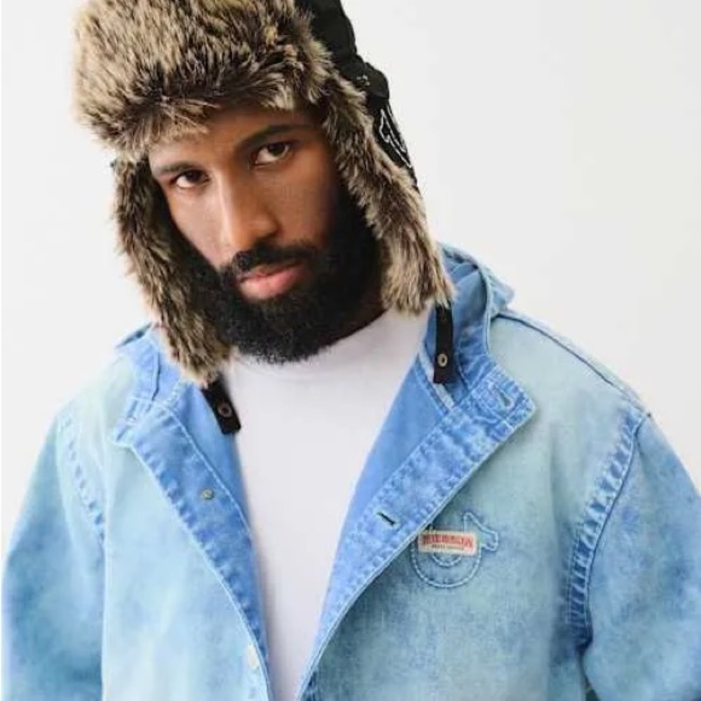 True Religion Winter Ski Trapper Hat Fur Blue Denim Cap Horseshoe Pockets unisex